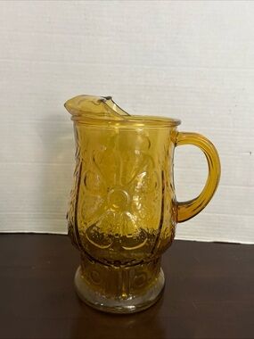 1970’s Libbey Amber heavy  Pressed Glass Daisy Pitcher with Handle